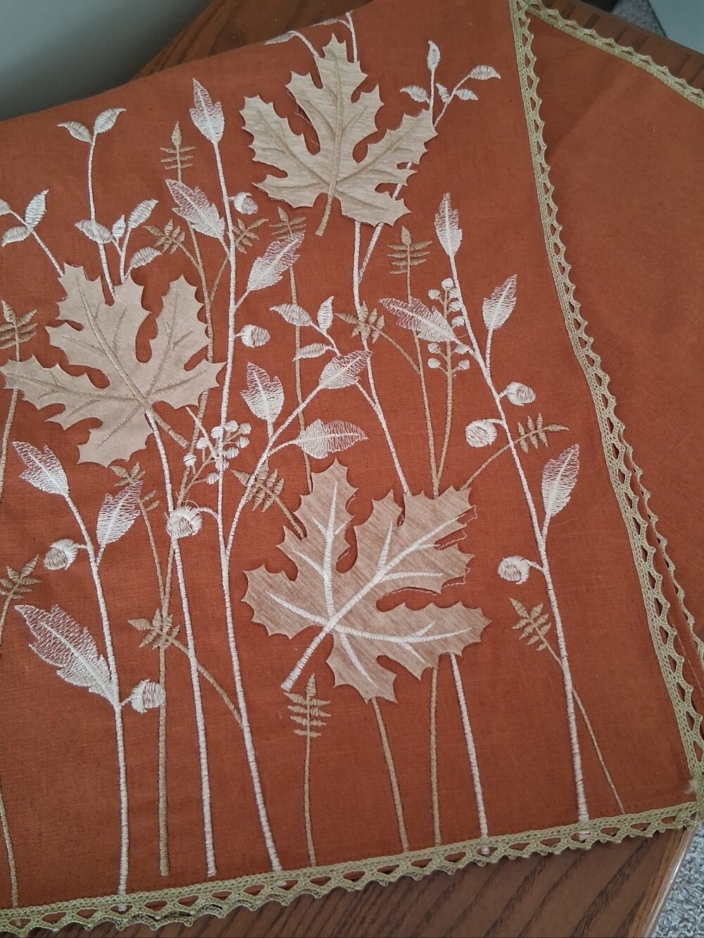 Fall Autumn Embroidered Table Runner Lattice Trim 68"x13" Rust Color